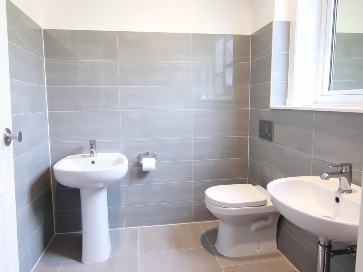Newly installed grey and white bathroom