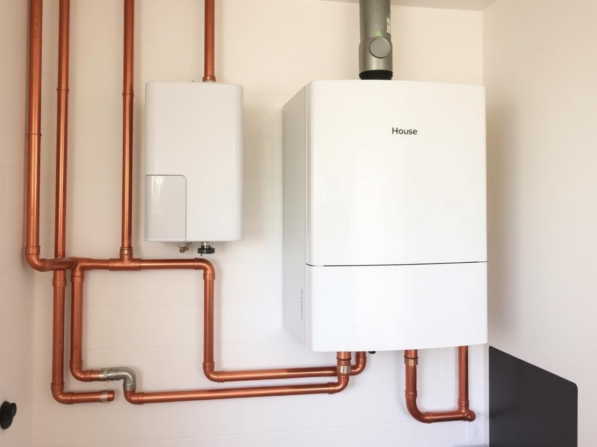 Modern wall-mounted boiler with copper pipework