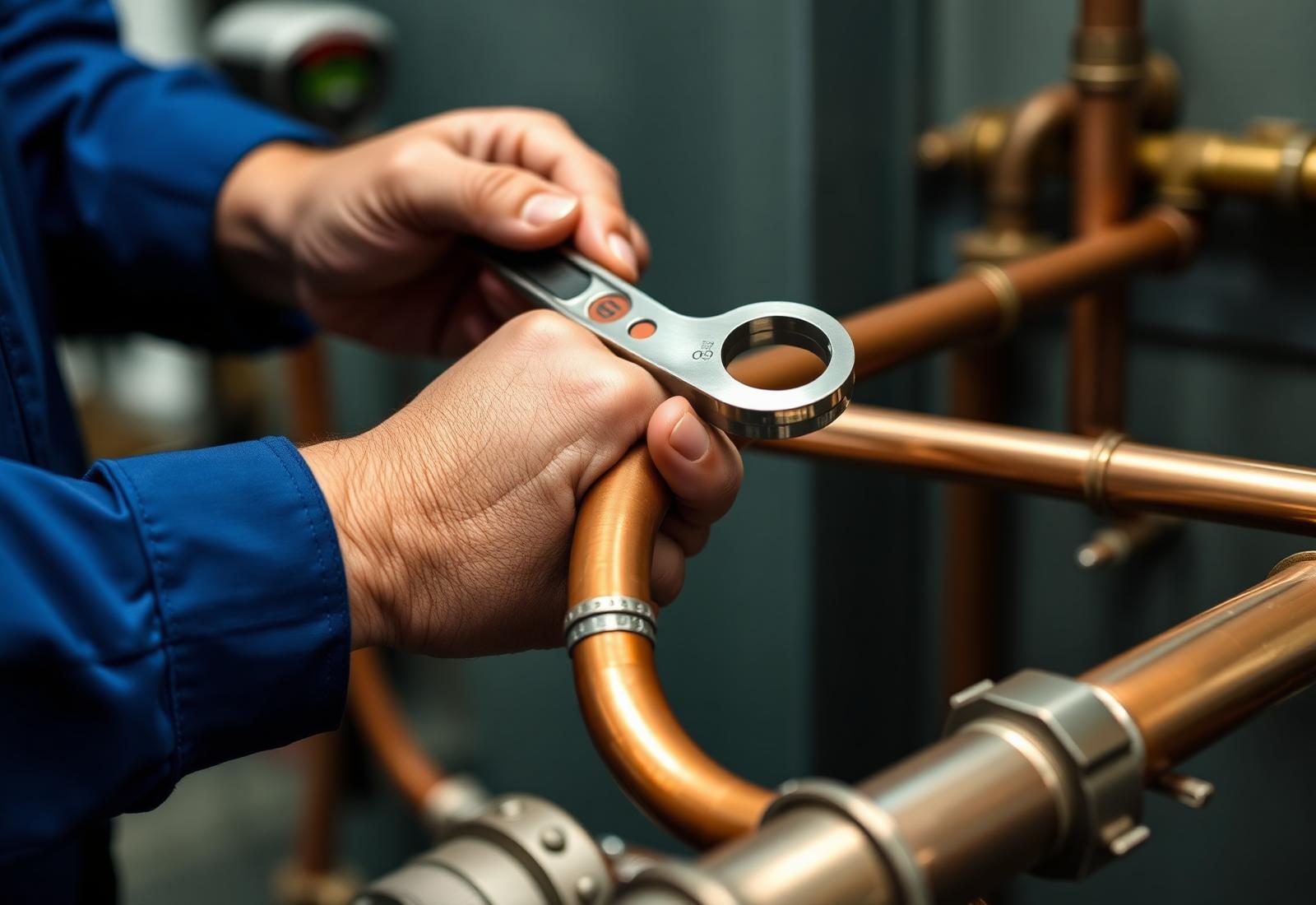 Plumber fitting copper pipework with a wrench