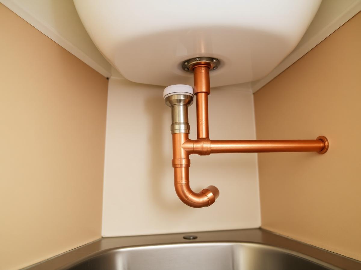 Neat copper pipework under a kitchen sink