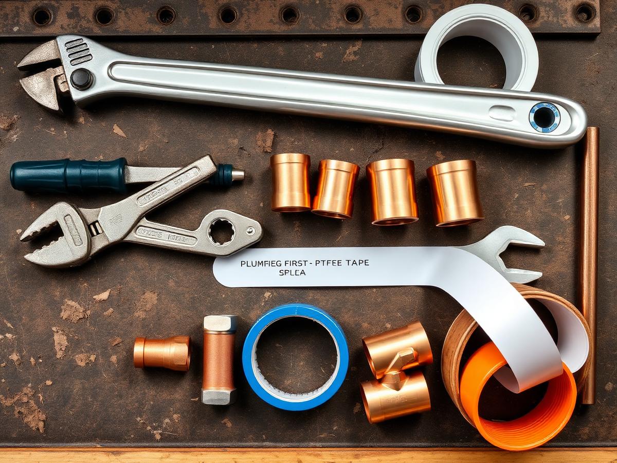 Plumbing tools laid out on a workbench